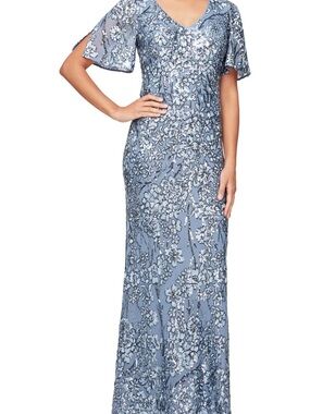 Alex Evenings Dusty Blue Embellished V-Neck Evening Gown